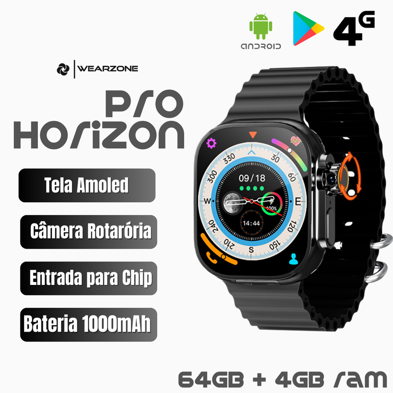 Smartwatch WearZone Horizon Pro Celular de Pulso 4G 2GB ou 4GB de Ram e 16GB ou 64GB de Armazenamento